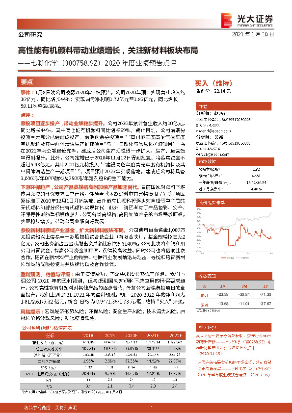2020年度业绩预告点评：高性能有机颜料带动业绩增长，关注新材料板块布局