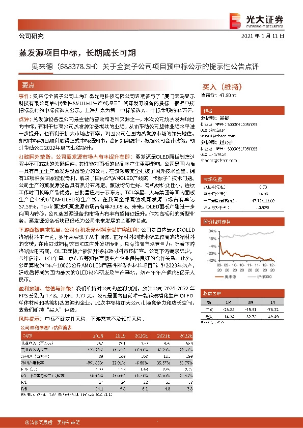 关于全资子公司项目预中标公示的提示性公告点评：蒸发源项目中标，长期成长可期