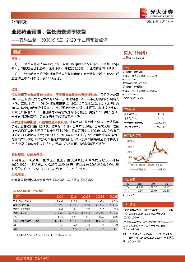 2020年业绩预告点评：业绩符合预期，生长激素逐季恢复