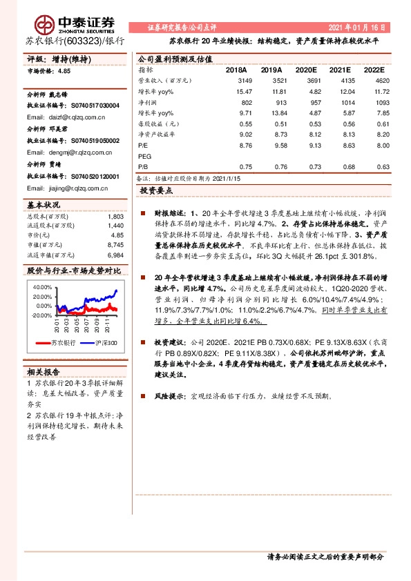 苏农银行20年业绩快报：结构稳定，资产质量保持在较优水平