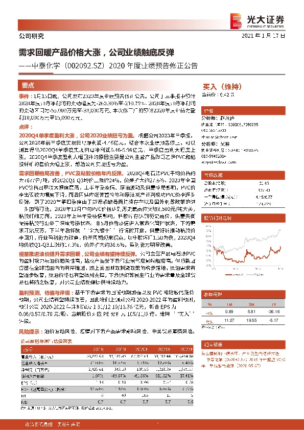 2020年度业绩预告修正公告：需求回暖产品价格大涨，公司业绩触底反弹
