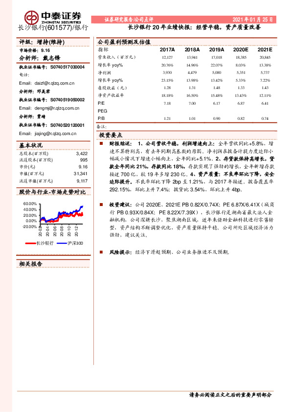 长沙银行20年业绩快报：经营平稳，资产质量改善
