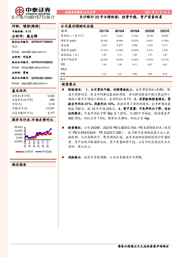 长沙银行20年业绩快报：经营平稳，资产质量改善