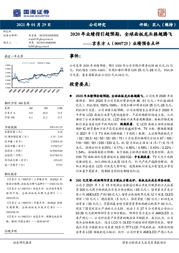 业绩预告点评：2020年业绩指引超预期，全球面板龙头振翅腾飞
