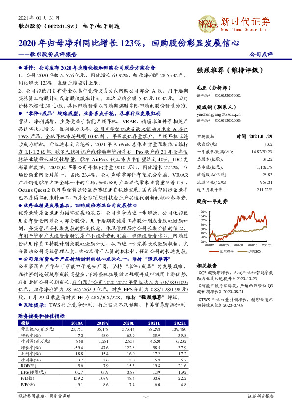 歌尔股份点评报告：2020年归母净利同比增长123%，回购股份彰显发展信心
