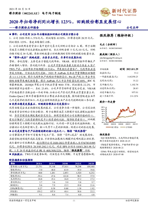 歌尔股份点评报告：2020年归母净利同比增长123%，回购股份彰显发展信心
