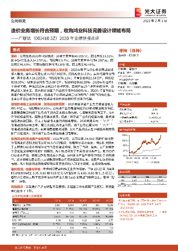 2020年业绩快报点评：造价业务增长符合预期，收购鸿业科技完善设计领域布局