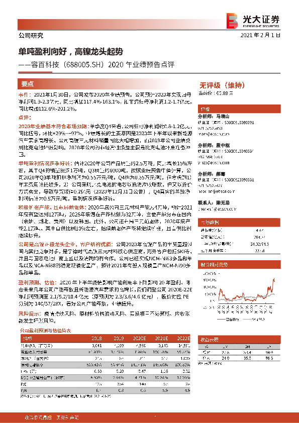 2020年业绩预告点评：单吨盈利向好，高镍龙头起势