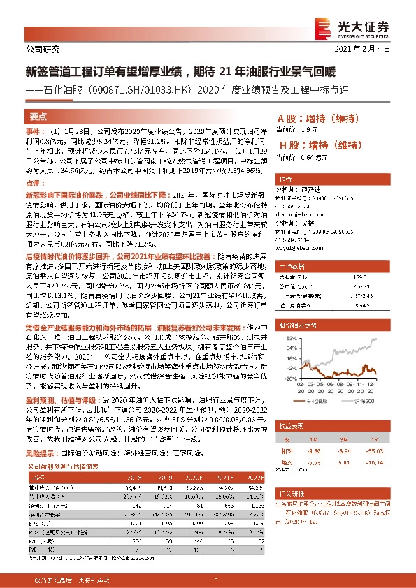 2020年度业绩预告点评及工程中标点评：新签管道工程订单有望增厚业绩，期待21年油服行业景气回暖