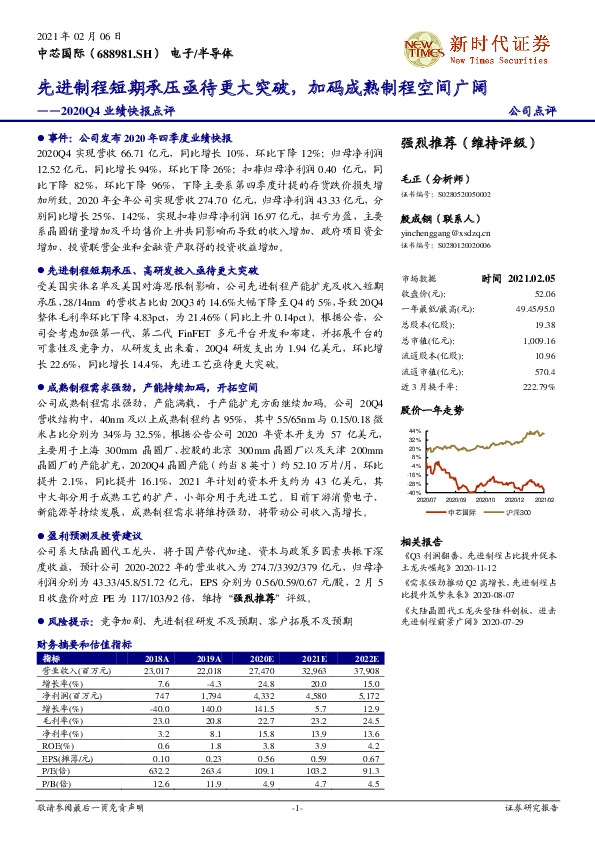 2020Q4业绩快报点评：先进制程短期承压亟待更大突破，加码成熟制程空间广阔