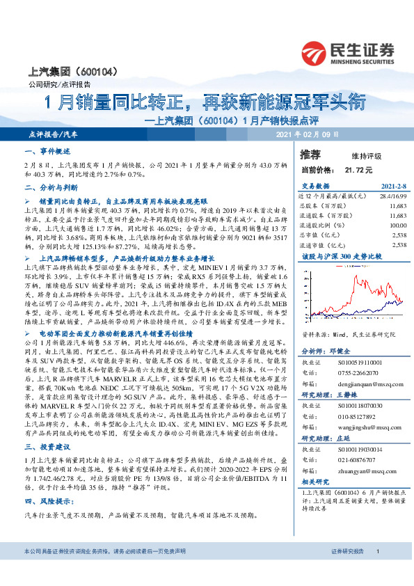 1月产销快报点评：1月销量同比转正，再获新能源冠军头衔