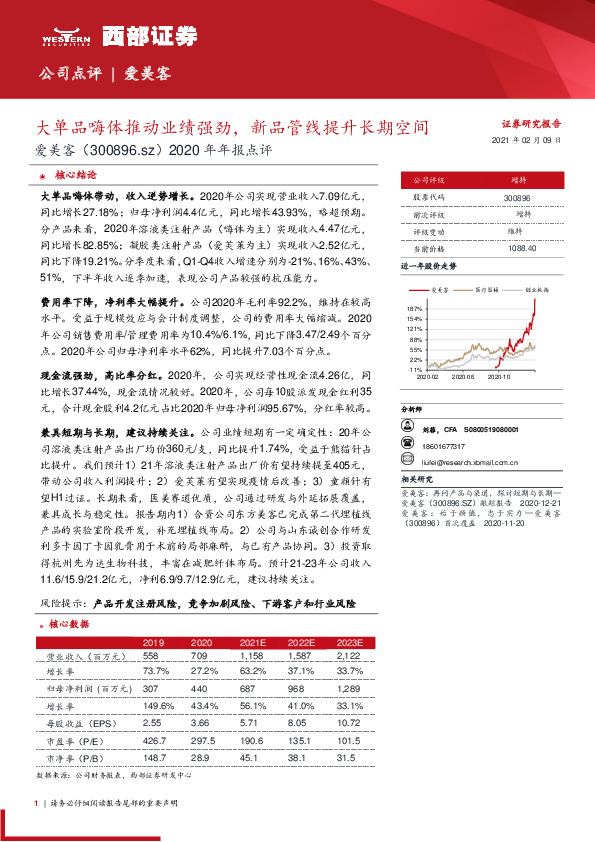 2020年年报点评：大单品嗨体推动业绩强劲，新品管线提升长期空间
