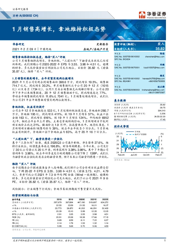 1月销售高增长，拿地维持积极态势
