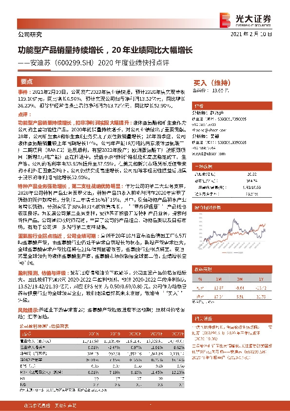 2020年度业绩快报点评：功能型产品销量持续增长，20年业绩同比大幅增长