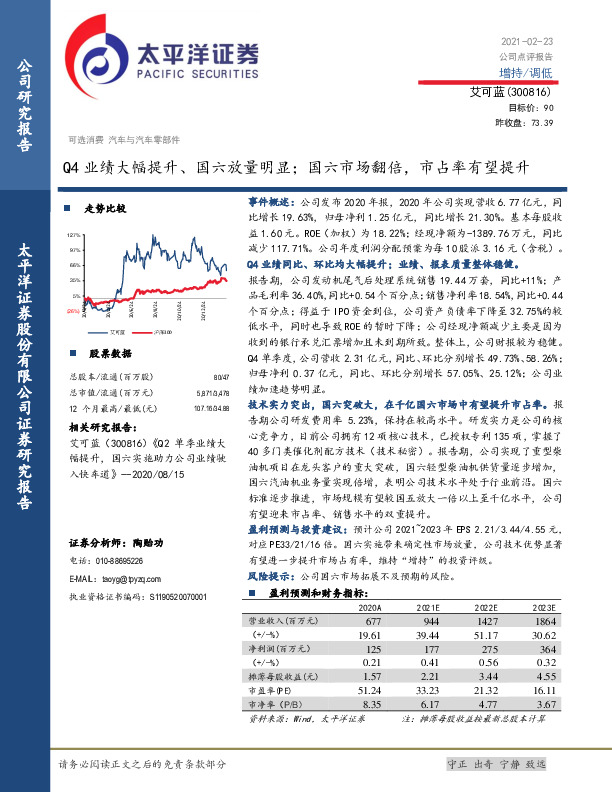 Q4业绩大幅提升、国六放量明显；国六市场翻倍，市占率有望提升