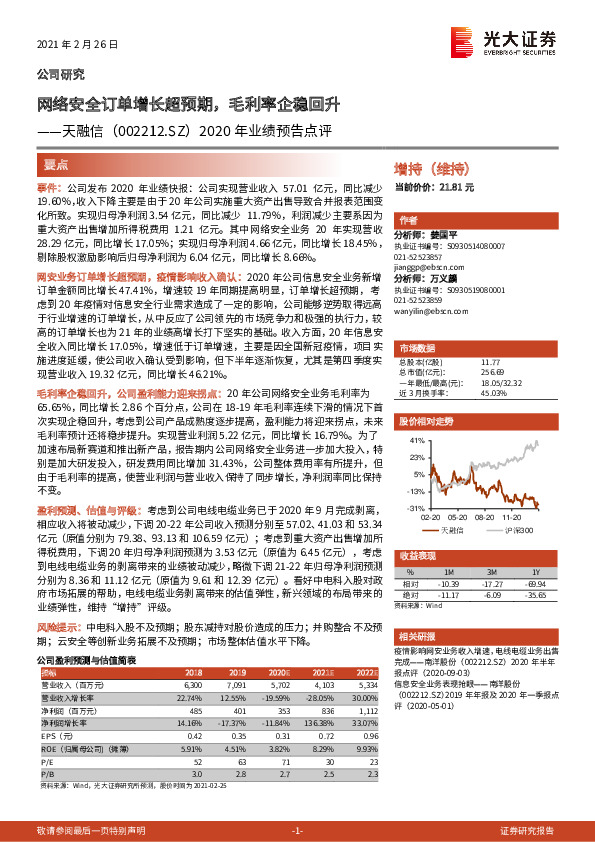 2020年业绩预告点评：网络安全订单增长超预期，毛利率企稳回升