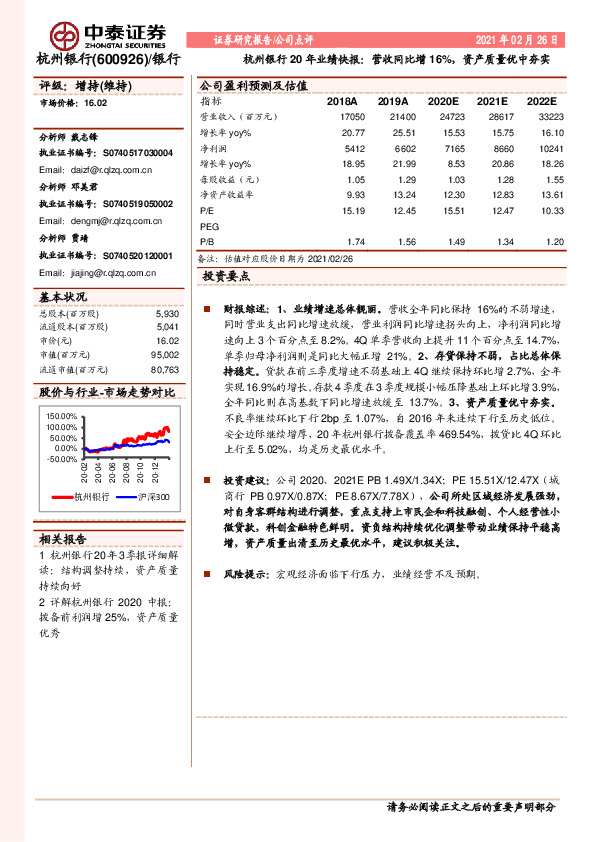 杭州银行20年业绩快报：营收同比增16%，资产质量优中夯实