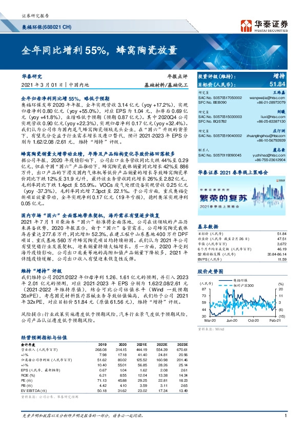 全年同比增利55%，蜂窝陶瓷放量