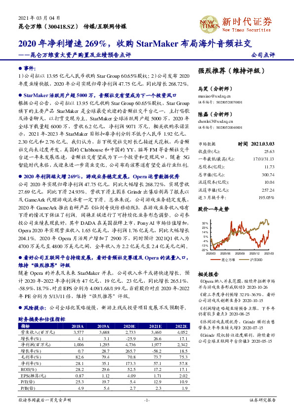 昆仑万维重大资产购置及业绩预告点评：2020年净利增速269%，收购StarMaker布局海外音频社交