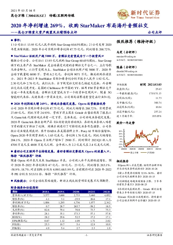 昆仑万维重大资产购置及业绩预告点评：2020年净利增速269%，收购StarMaker布局海外音频社交