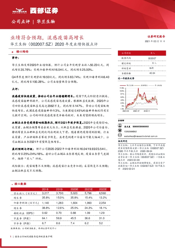 2020年度业绩快报点评：业绩符合预期，流感疫苗高增长