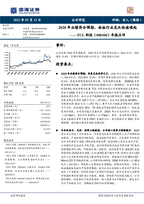 年报点评：2020年业绩符合预期，面板行业龙头快速崛起