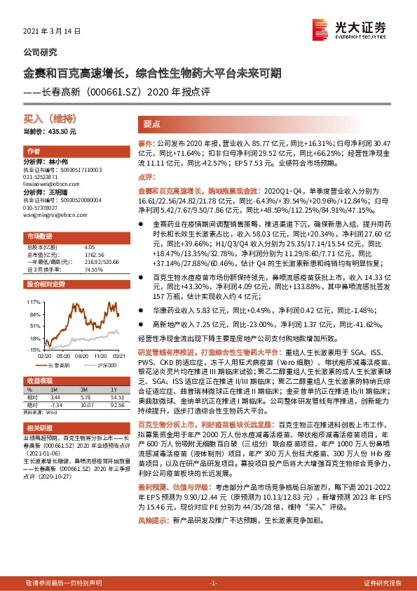 2020年报点评：金赛和百克高速增长，综合性生物药大平台未来可期