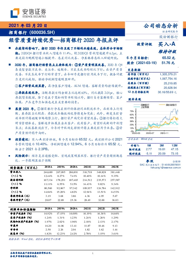招商银行2020年报点评：经营质量持续优秀
