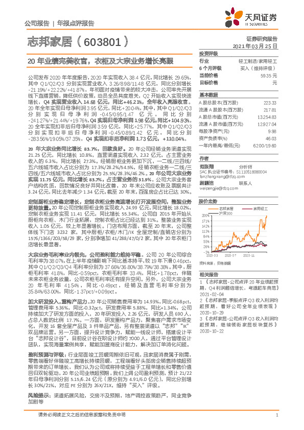 20年业绩完美收官，衣柜及大宗业务增长亮眼