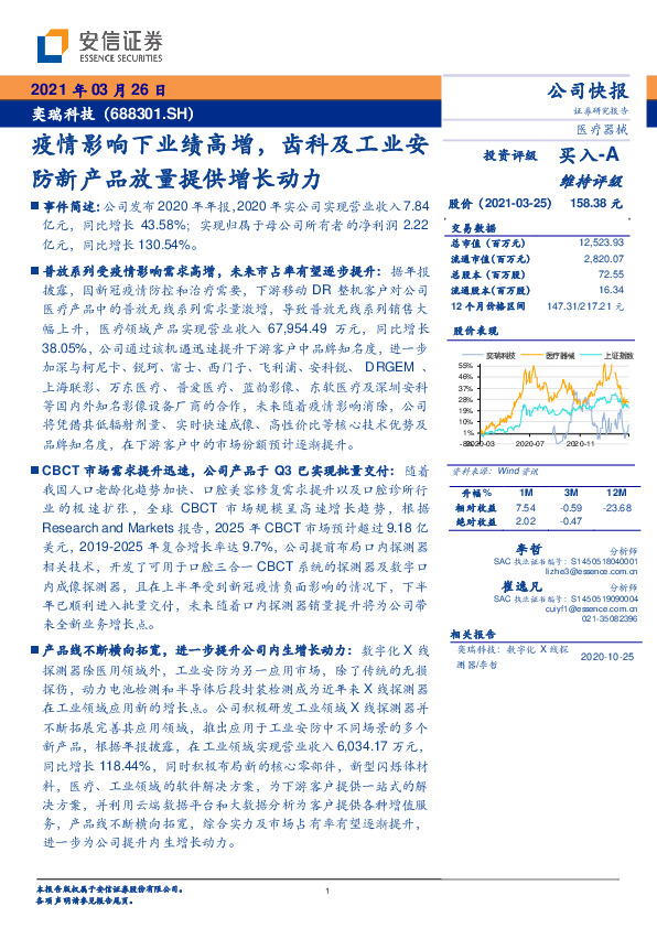疫情影响下业绩高增，齿科及工业安防新产品放量提供增长动力