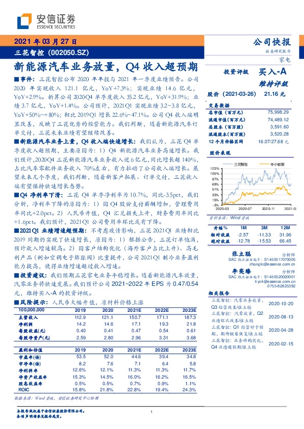 新能源汽车业务放量，Q4收入超预期
