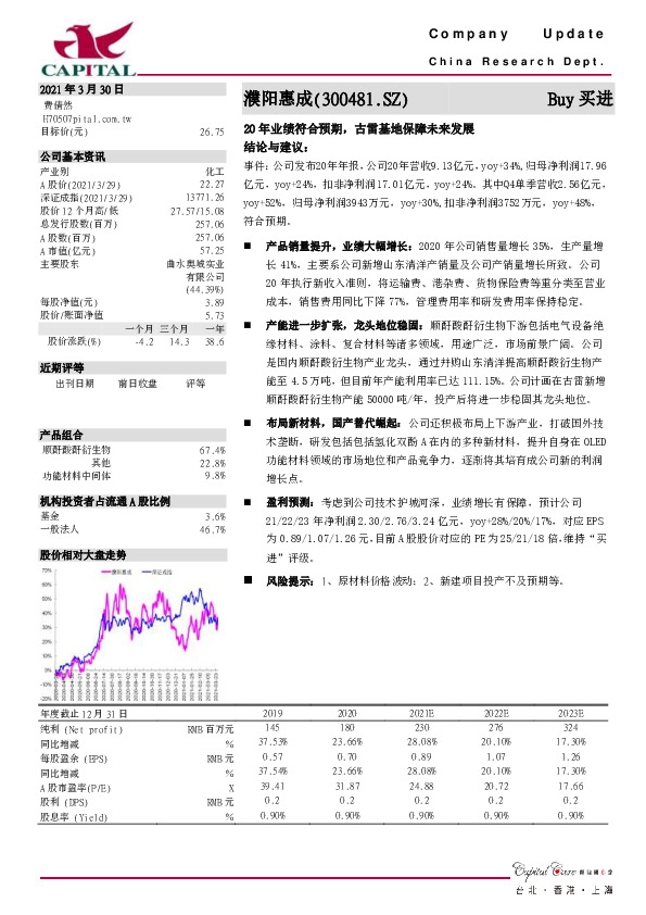 20年业绩符合预期，古雷基地保障未来发展