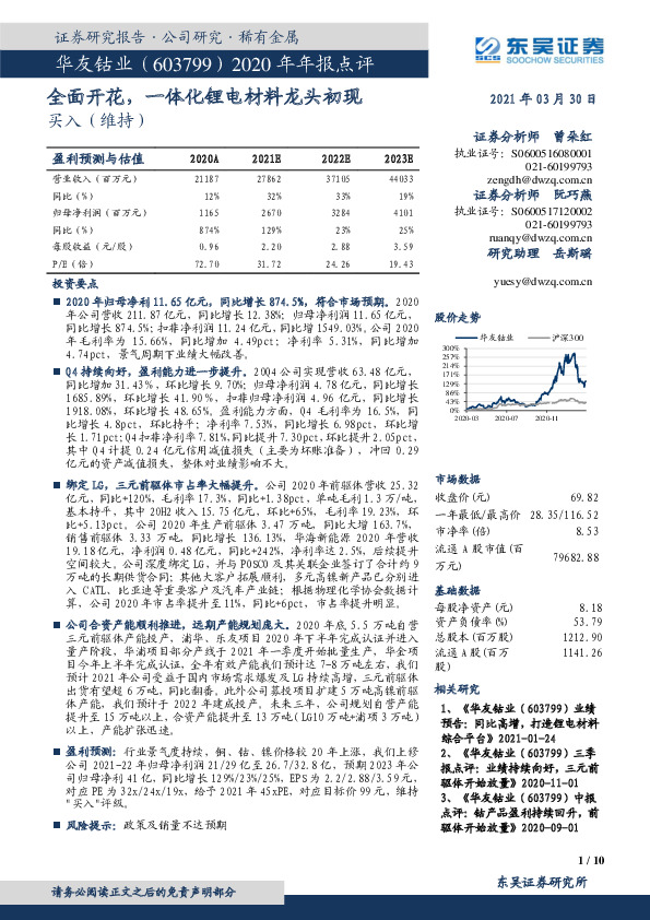 2020年年报点评：全面开花，一体化锂电材料龙头初现