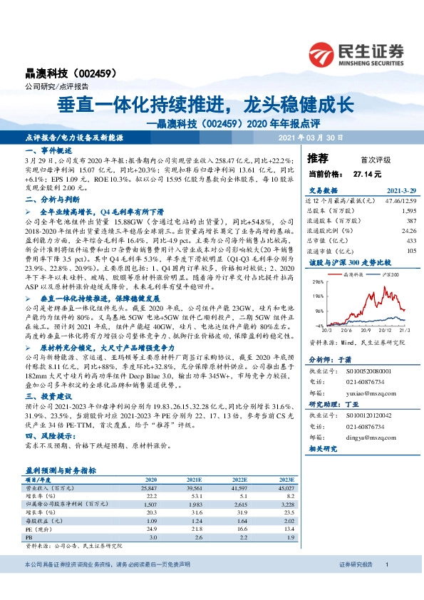 2020年年报点评：垂直一体化持续推进，龙头稳健成长