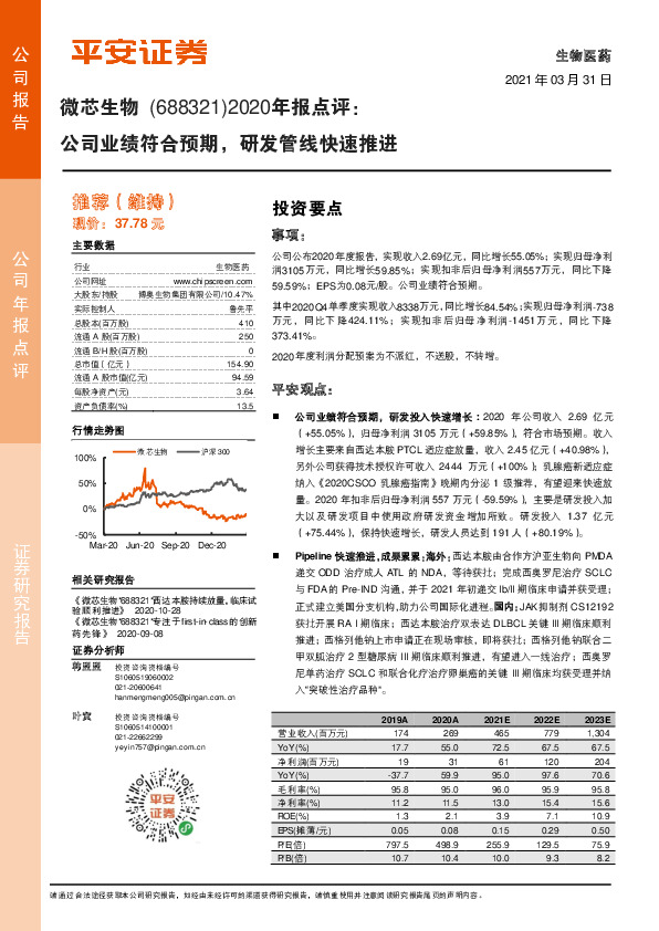 2020年报点评：公司业绩符合预期，研发管线快速推进