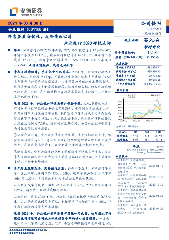兴业银行2020年报点评：净息差具备韧性，风险接近出清