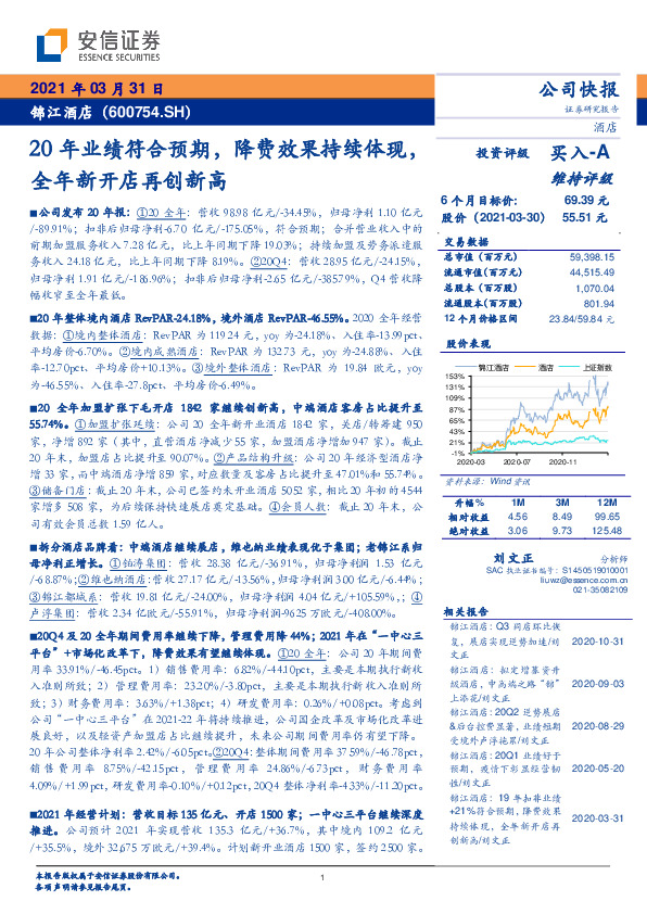 20年业绩符合预期，降费效果持续体现，全年新开店再创新高