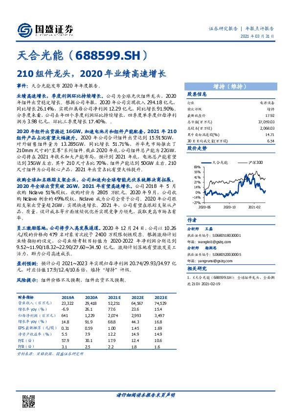 210组件龙头，2020年业绩高速增长