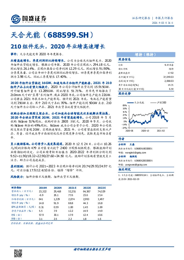 210组件龙头，2020年业绩高速增长