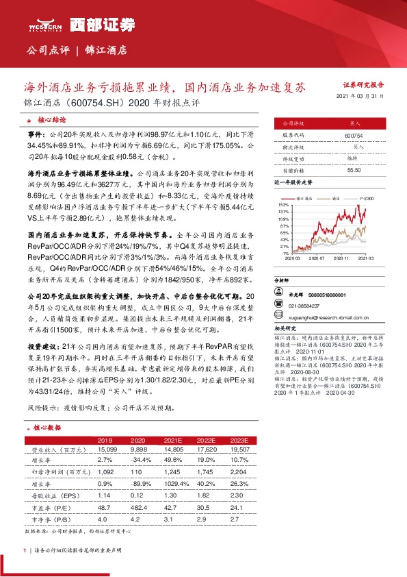 2020年财报点评：海外酒店业务亏损拖累业绩，国内酒店业务加速复苏