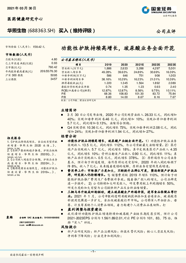 功能性护肤持续高增长，玻尿酸业务全面开花