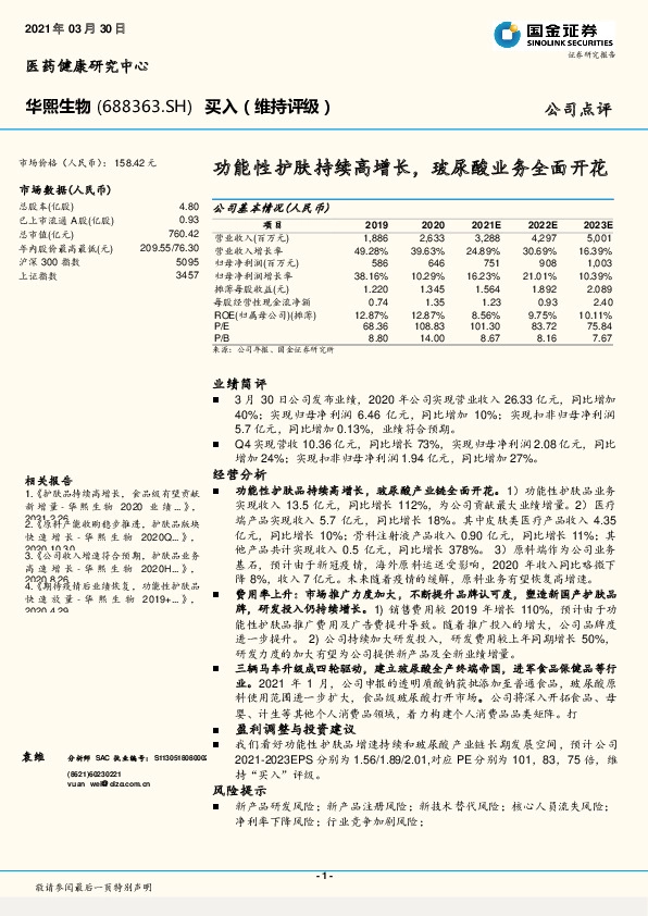 功能性护肤持续高增长，玻尿酸业务全面开花