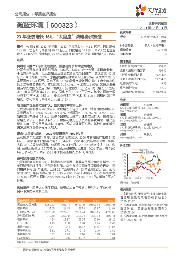 20年业绩增长16%，“大固废”战略稳步推进