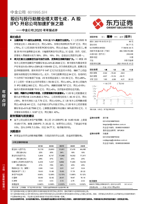 中金公司2020年年报点评：股衍与投行助推业绩大增七成，A股IPO开启公司加速扩张之路