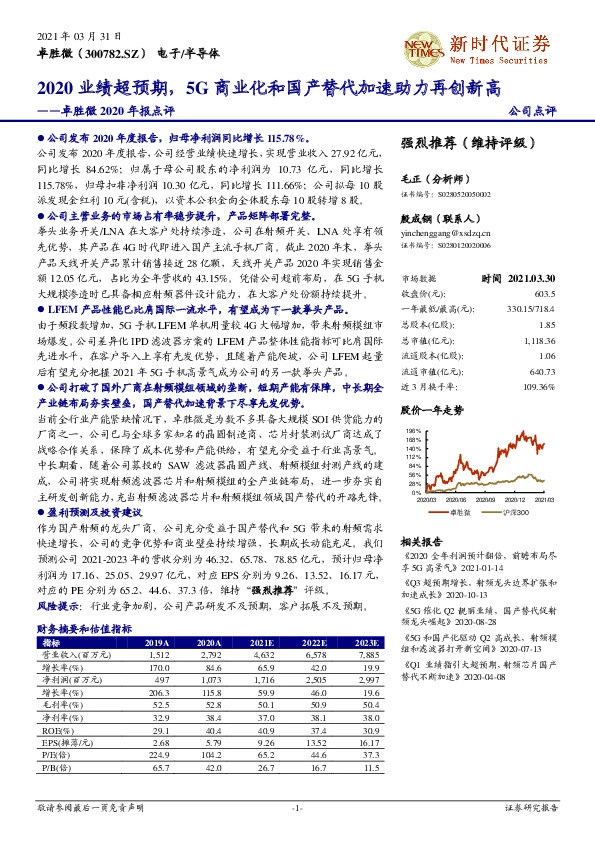 卓胜微2020年报点评：2020业绩超预期，5G商业化和国产替代加速助力再创新高