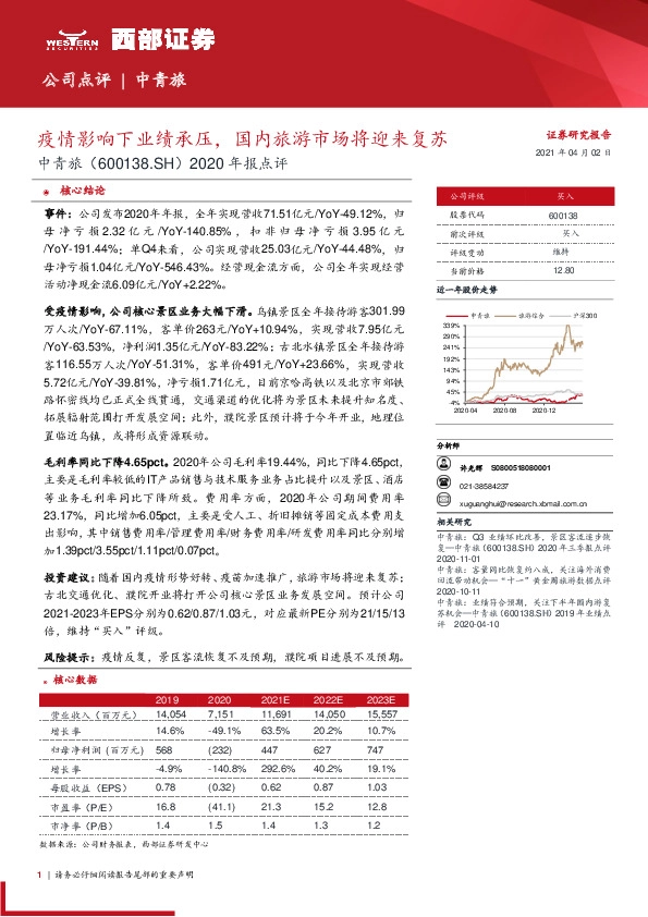 2020年报点评：疫情影响下业绩承压，国内旅游市场将迎来复苏