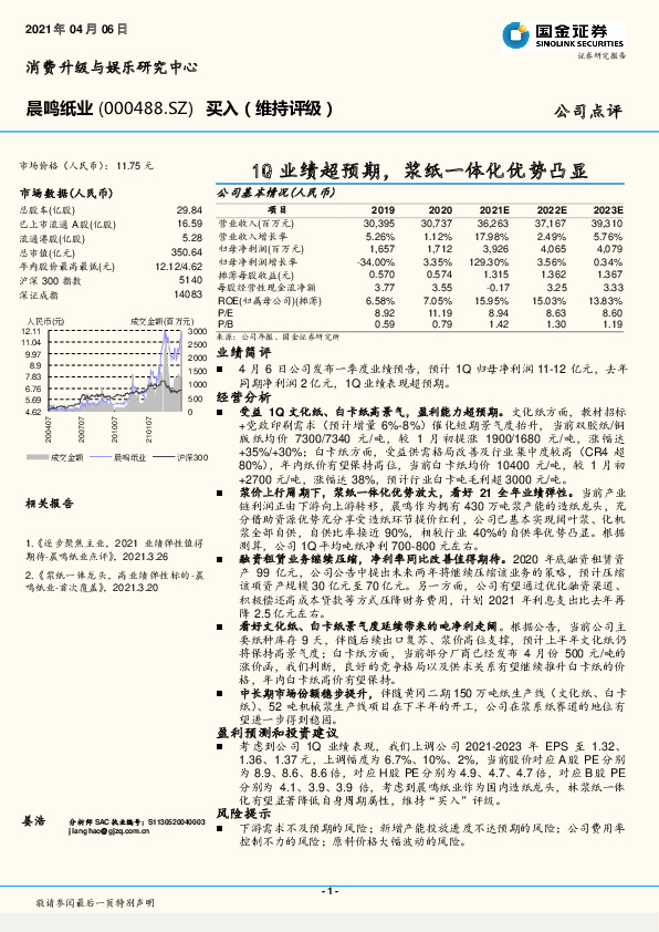 1Q业绩超预期，浆纸一体化优势凸显