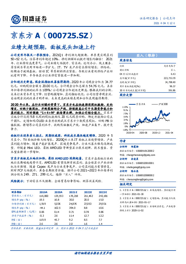 业绩大超预期，面板龙头加速上行