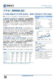 3月销售628.4亿元同增14.4%，投销比21%环比下降2.7pct