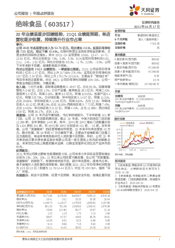 20年业绩呈逐步回暖趋势，21Q1业绩超预期，单店营收逐步恢复，持续提升行业市占率